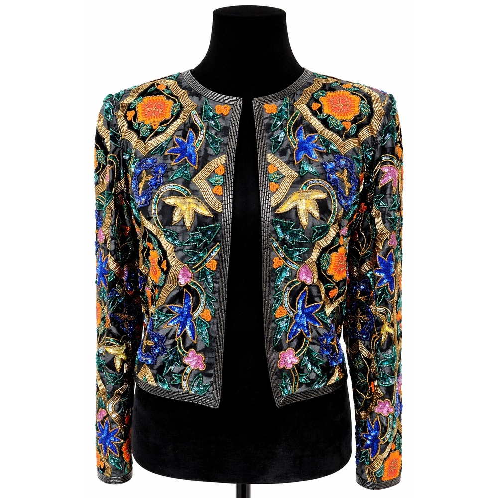 Vintage Cache Womens Open Front Jacket Small Black Silk Ornate Floral Beaded - Picture 1 of 13